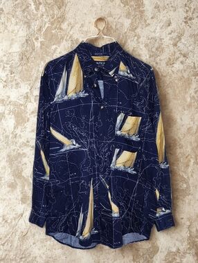 Vintage 90s Nautica AOP Sailboat New Zealand Map Button Down Shirt Men’s Large